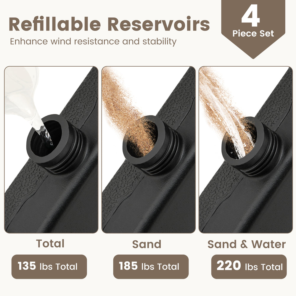 Close-up of the easy-fill spouts on the patio umbrella base, showcasing refillable reservoirs for added stability.