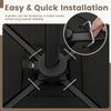 Close-up of the patio offset umbrella base showing easy-fill spouts and metal hooks for quick installation and.