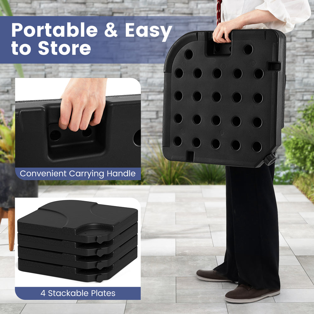 Stackable 20-inch black patio umbrella base plates with carrying handle, made of durable HDPE for stability in windy.