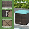 Patio ottoman with turquoise removable cushion, made of durable PE rattan, serves as storage and extra seating.