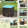 Turquoise cushioned patio ottoman with storage, ideal as a footstool or side table for poolside and backyard use.