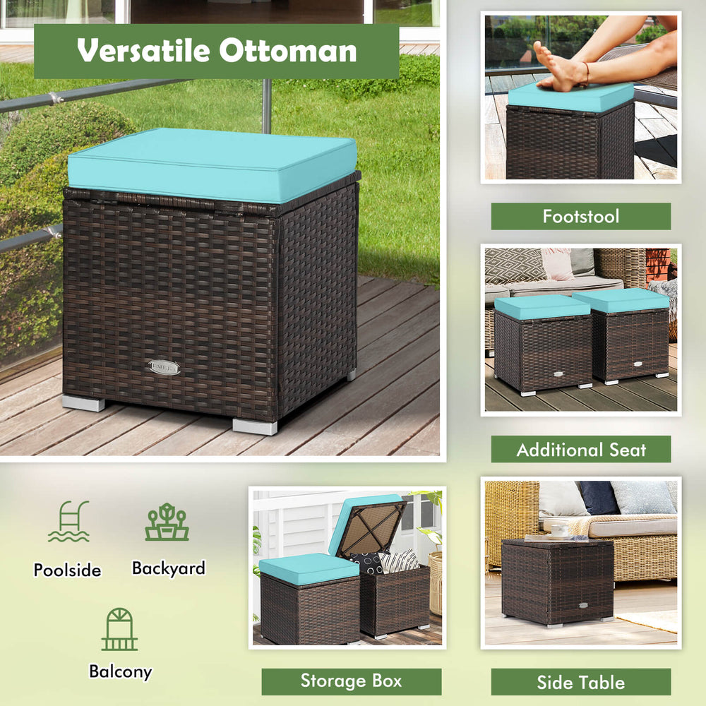 Turquoise cushioned patio ottoman with storage, ideal as a footstool or side table for poolside and backyard use.