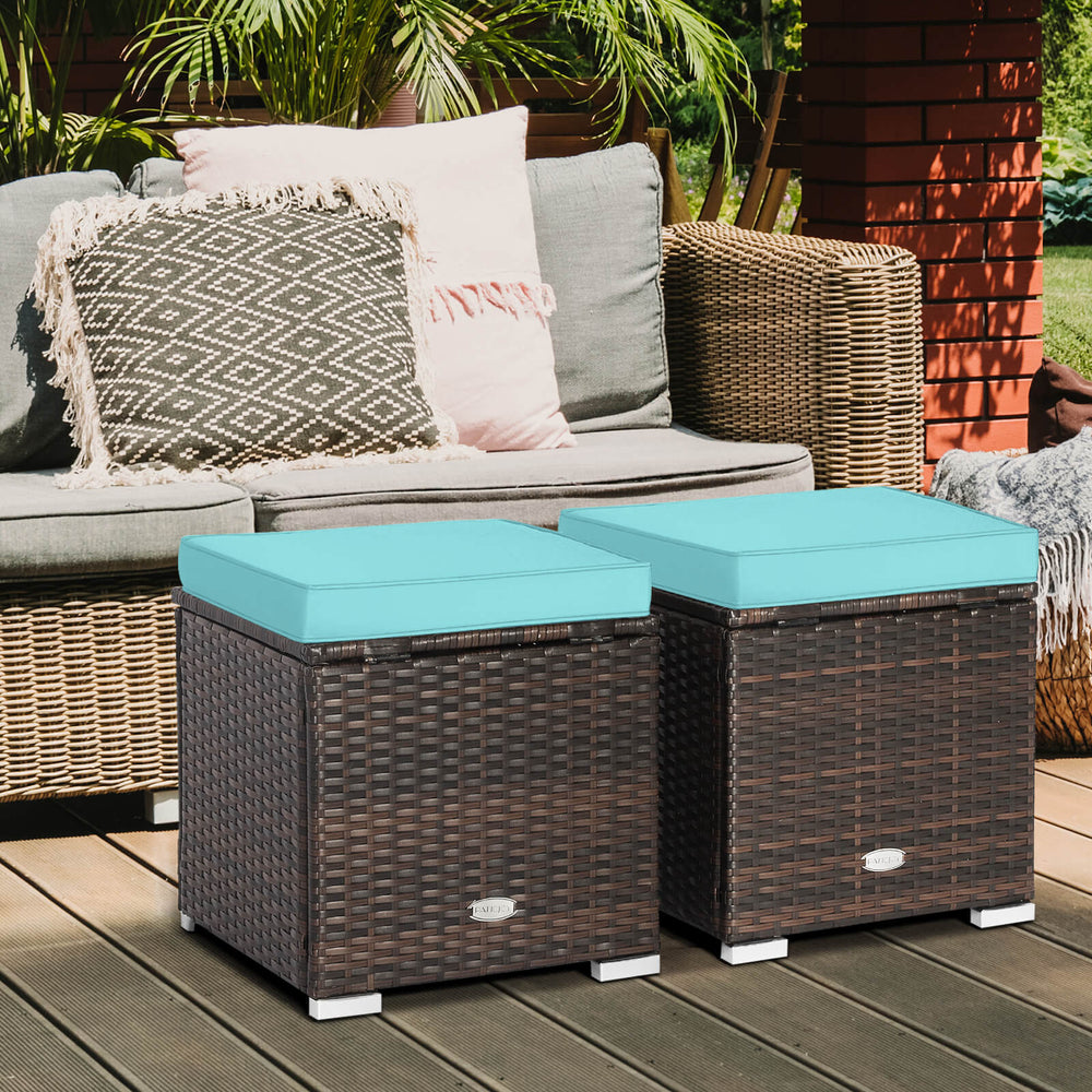 2 Pieces Patio Ottoman with Removable Cushions-Turquoise - Gallery View 1 of 8