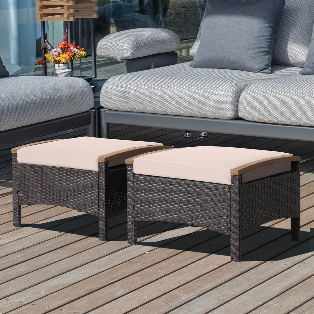 Set of 2 Fade-Resistant Wicker Patio Ottoman-Brown - Gallery View 1 of 9