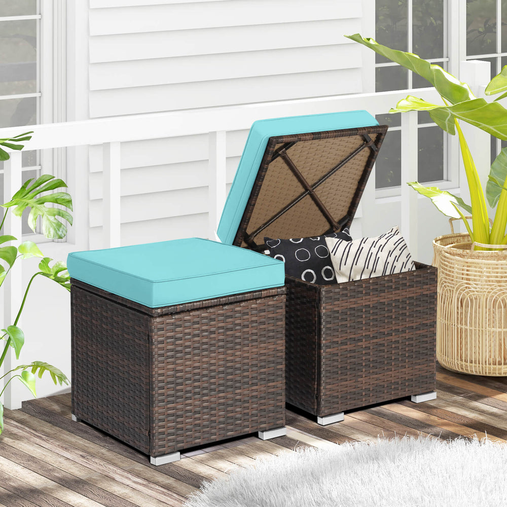 Turquoise cushioned patio ottoman with storage, made of hand-woven PE rattan, ideal for outdoor seating and decor.