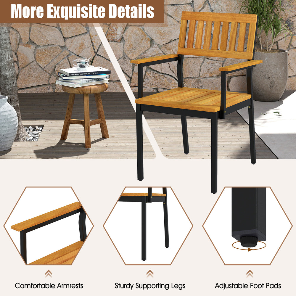 Patio outdoor dining chair showcasing acacia wood seat, metal frame, and adjustable footpads for enhanced stability.