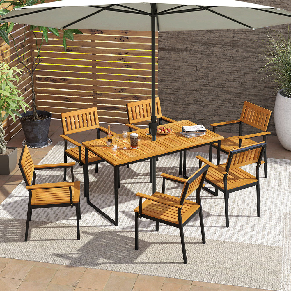 Patio outdoor dining chair set of 2 with acacia wood and metal frame, featuring a slatted design for comfort.