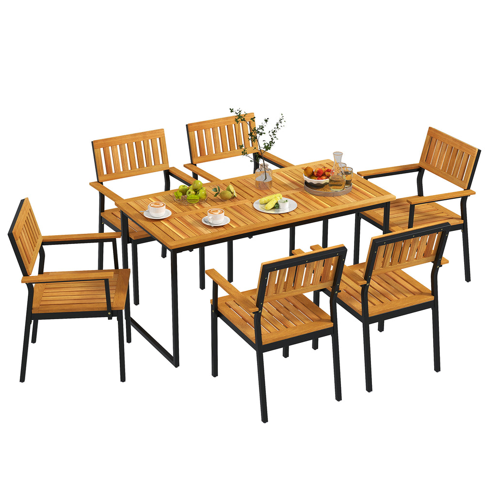 Patio outdoor dining chair set featuring acacia wood and metal frame, designed for comfort and modern-rustic style.