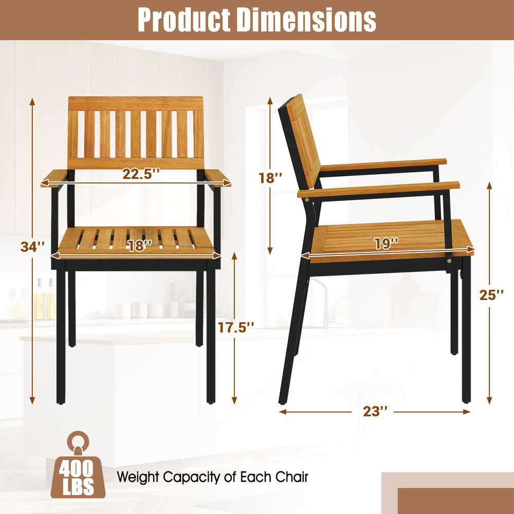 Product dimensions of a patio outdoor dining chair set featuring acacia wood and metal frame, showcasing stability and.