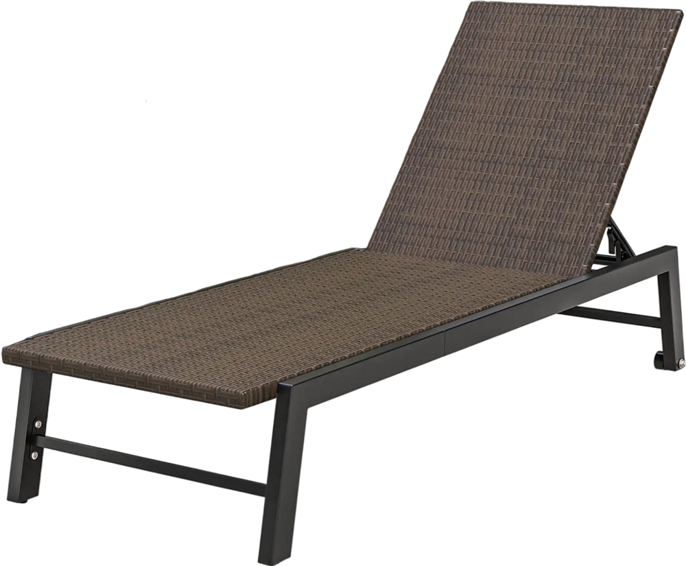 Brown PE rattan chaise lounge with 5-level backrest and wheels, perfect for poolside relaxation.