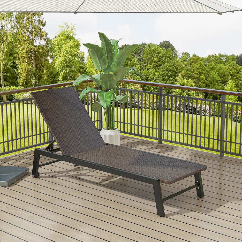 Brown PE rattan chaise lounge featuring a sturdy steel frame and adjustable backrest, ideal for relaxing on the patio.
