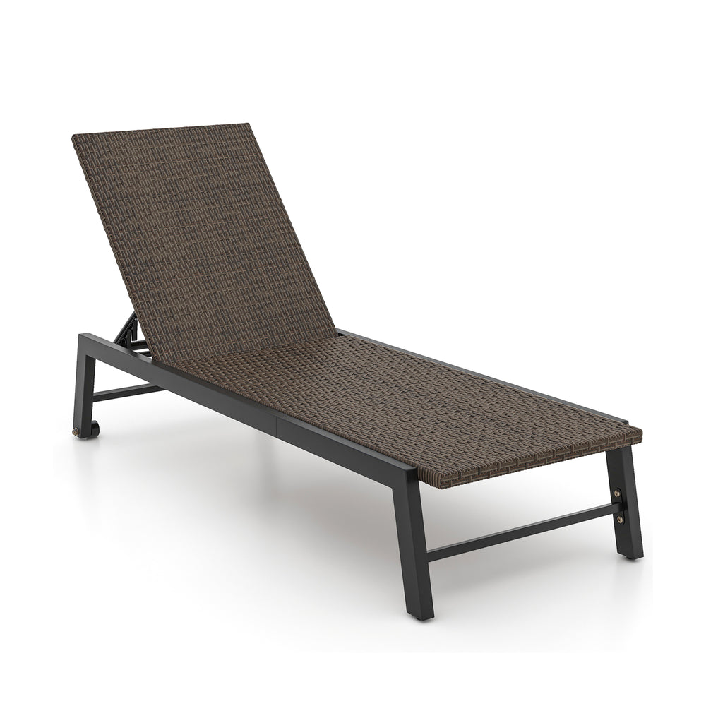 Brown PE rattan chaise lounge with 5-level backrest and wheels, perfect for backyard or poolside relaxation.