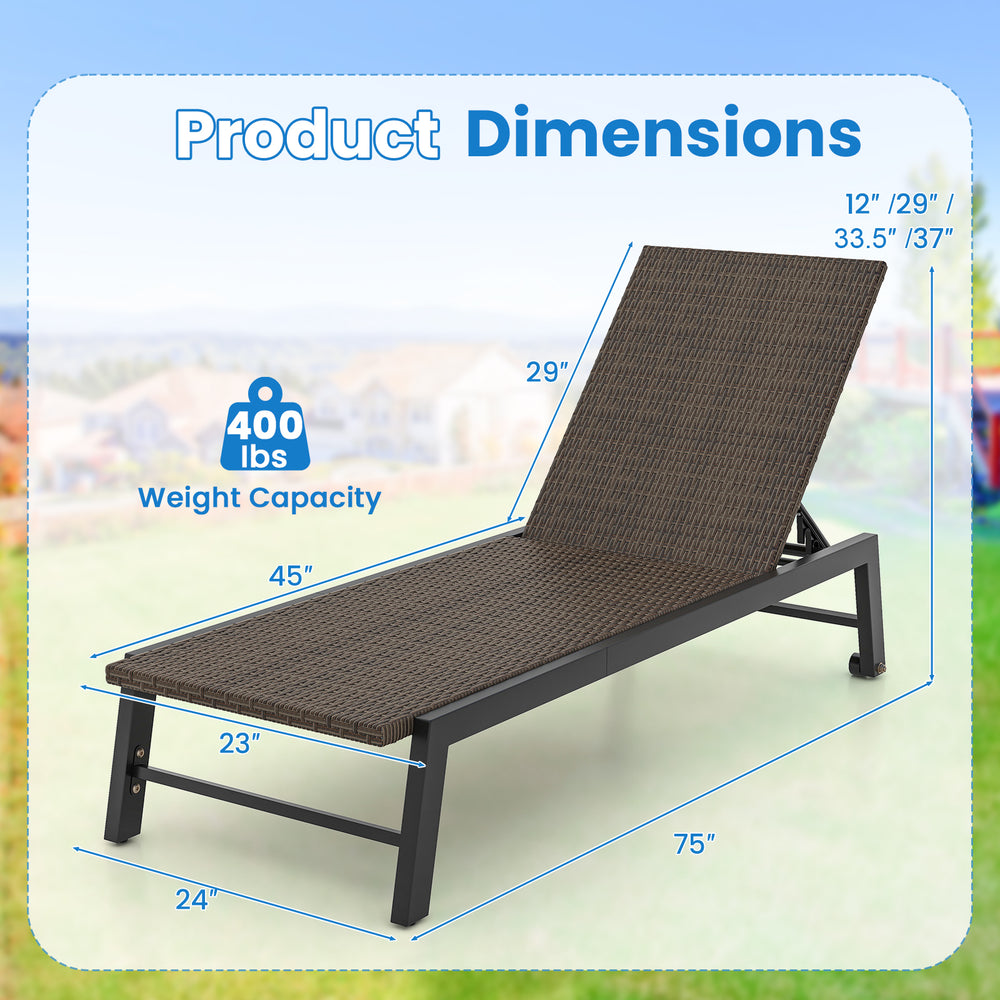 Patio PE rattan chaise lounge with 5-level backrest, brown color, and wheels for easy movement, ideal for poolside use.