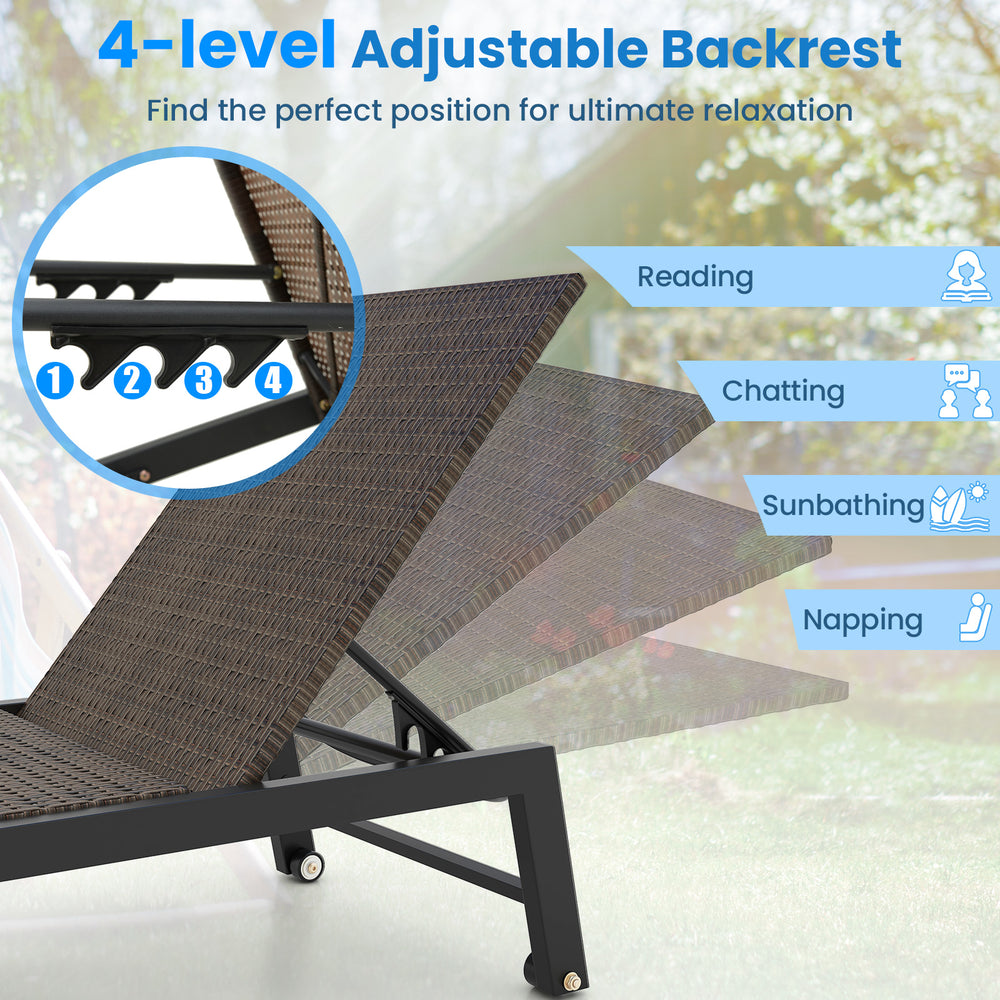 Adjustable backrest chaise lounge in brown PE rattan with 5 positions, ideal for sunbathing or relaxing by the pool.