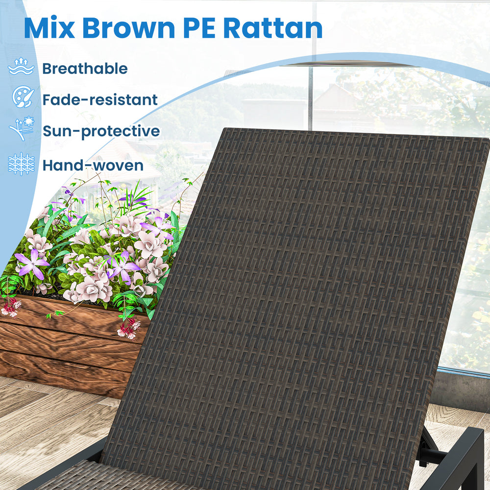 Mix brown PE rattan chaise lounge with 5-level backrest and wheels, ideal for backyard and poolside relaxation.