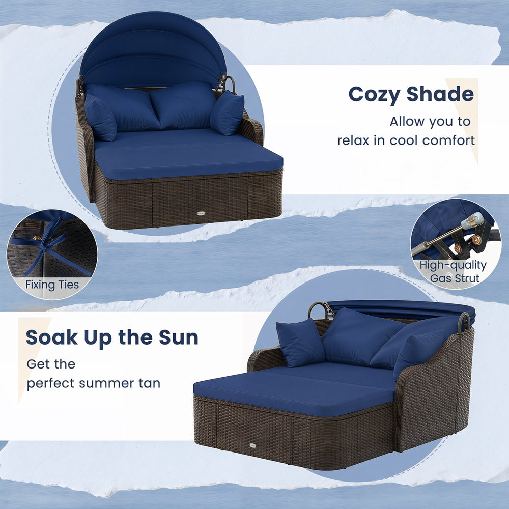 Patio PE rattan daybed with retractable canopy and soft navy cushions, perfect for lounging by the poolside or garden.
