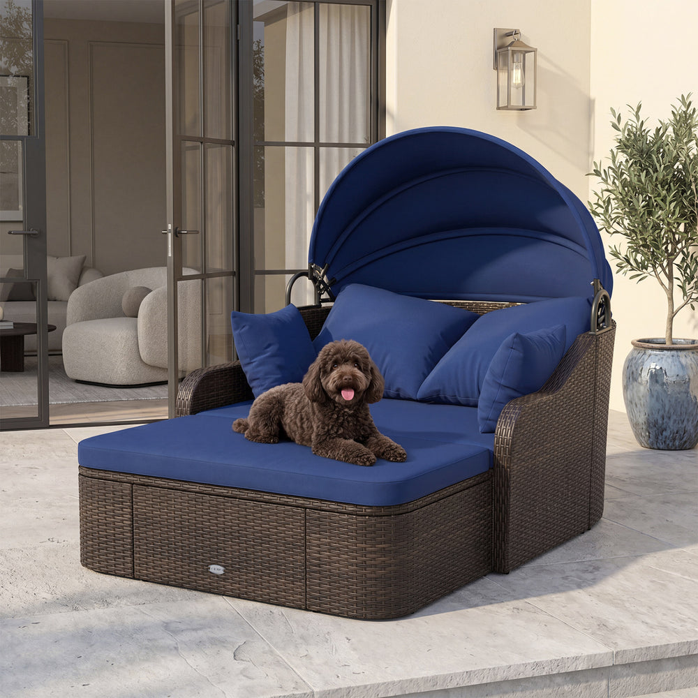 Patio PE Rattan Daybed with Retractable Canopy and Soft Cushions-Navy - Gallery View 1 of 10