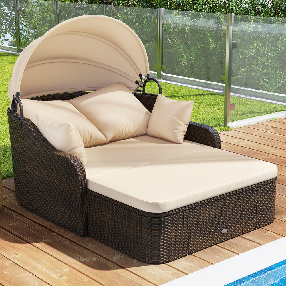 Patio PE Rattan Daybed with Retractable Canopy and Soft Cushions-Beige - Gallery View 1 of 10