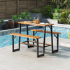 Patio picnic table bench set with acacia wood tabletop, seating for 4, ideal for backyard or poolside gatherings.