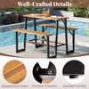 Patio picnic table bench set with acacia wood tabletop, suitable for backyard gatherings, featuring adjustable foot.