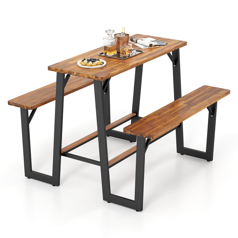 Patio picnic table bench set with acacia wood tabletop and metal frame, suitable for backyard gatherings.