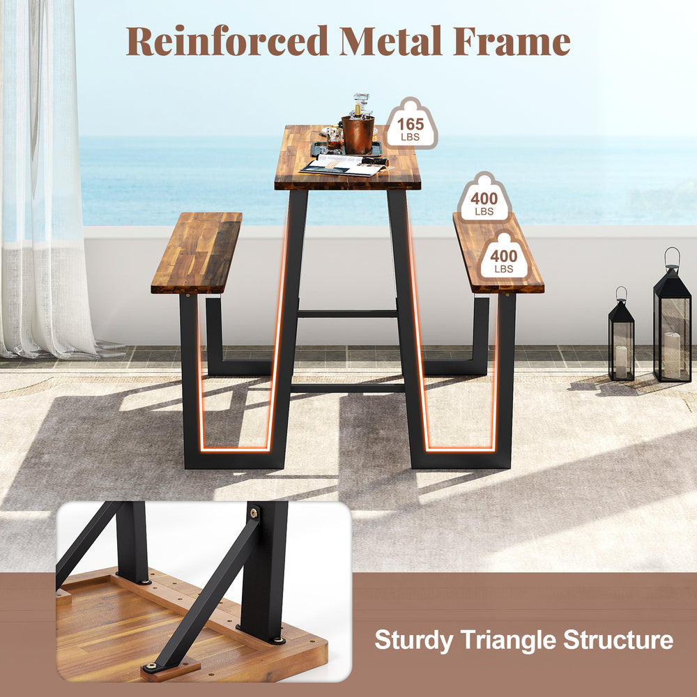 Patio picnic table bench set with acacia wood tops and reinforced metal frame, perfect for backyard gatherings.