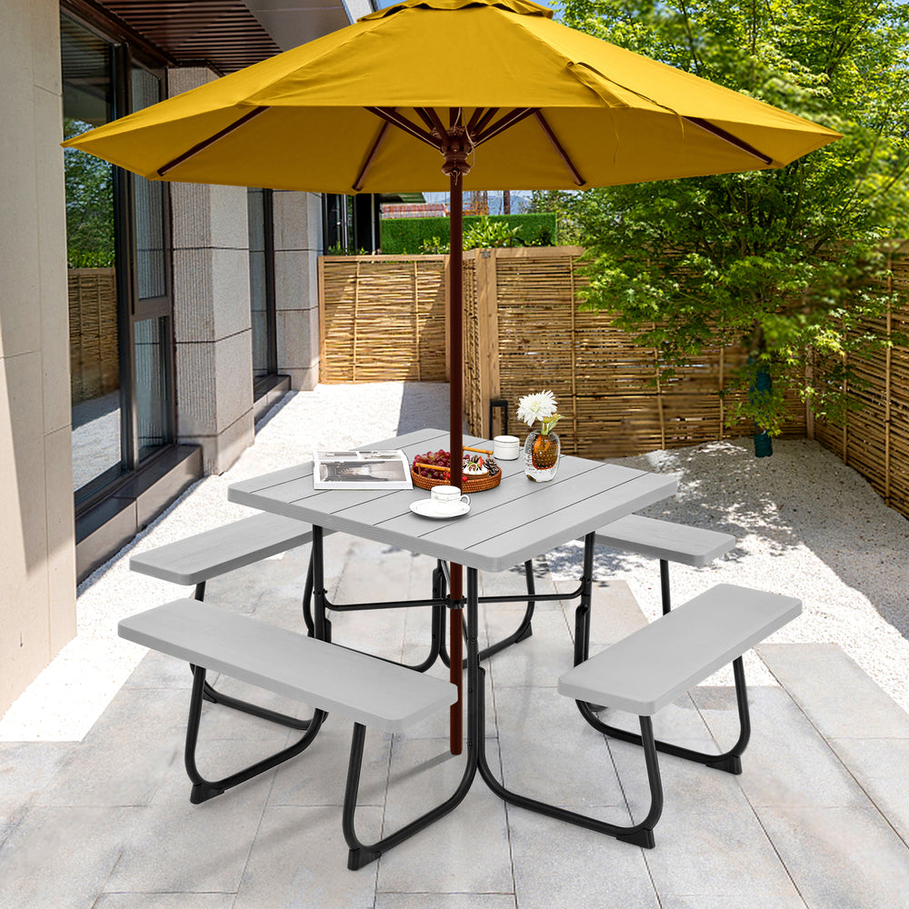 Outdoor Picnic Table with 4 Benches and Umbrella Hole-Gray - Gallery View 1 of 11