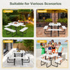 Outdoor picnic table with four benches, featuring a spacious white tabletop and umbrella hole, ideal for various.