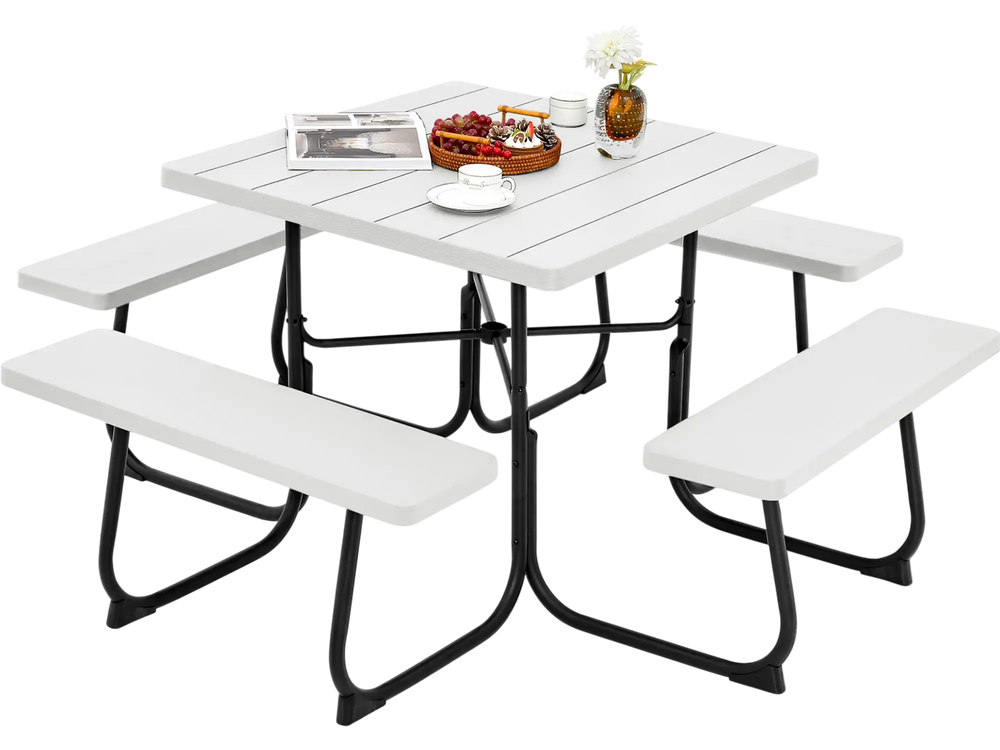 Outdoor picnic table with four benches, made of HDPE, featuring a spacious surface and umbrella hole for outdoor.