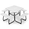 Outdoor picnic table with four benches, made of durable HDPE, featuring an umbrella hole for versatile outdoor use.