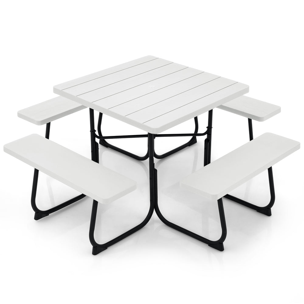 Outdoor picnic table with four benches, made of durable HDPE, featuring an umbrella hole for versatile outdoor use.