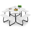 Outdoor picnic table with four benches, made of white HDPE, featuring an umbrella hole for versatile outdoor use.