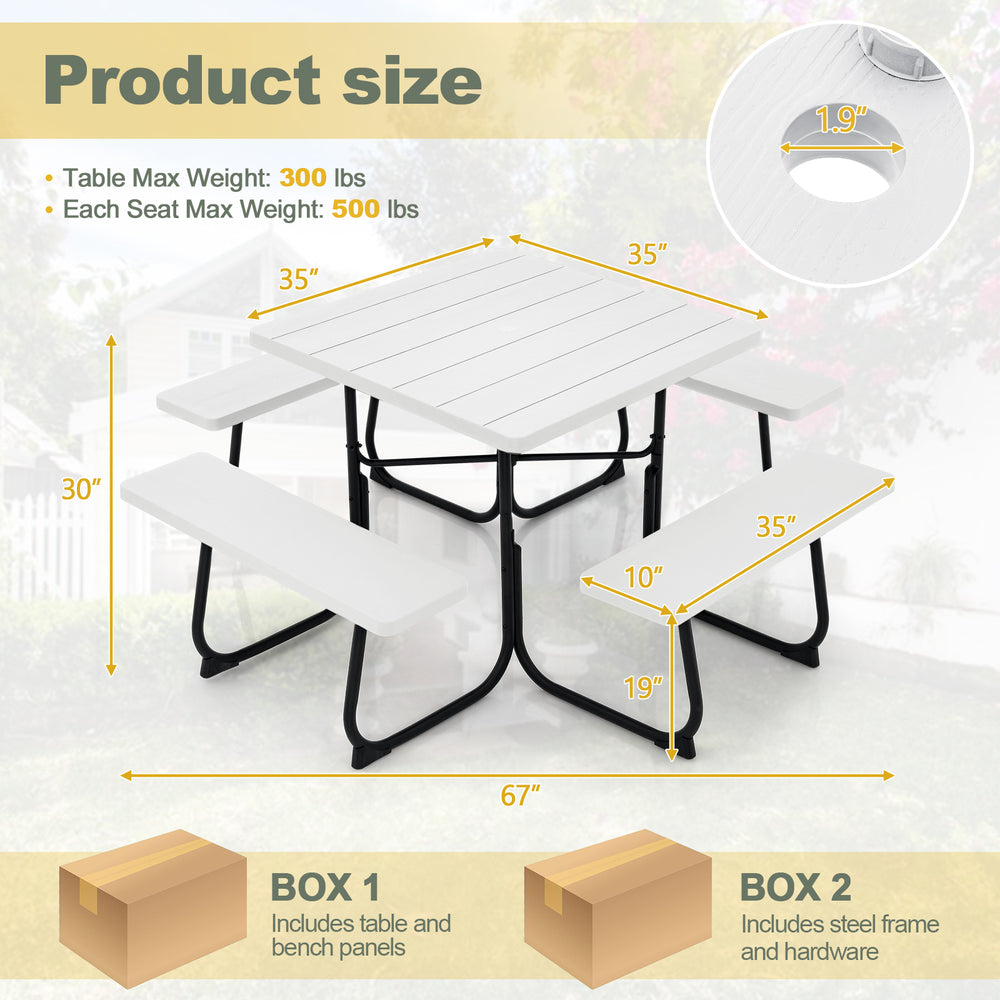 Outdoor picnic table with 4 benches, white HDPE material, umbrella hole, perfect for outdoor gatherings.