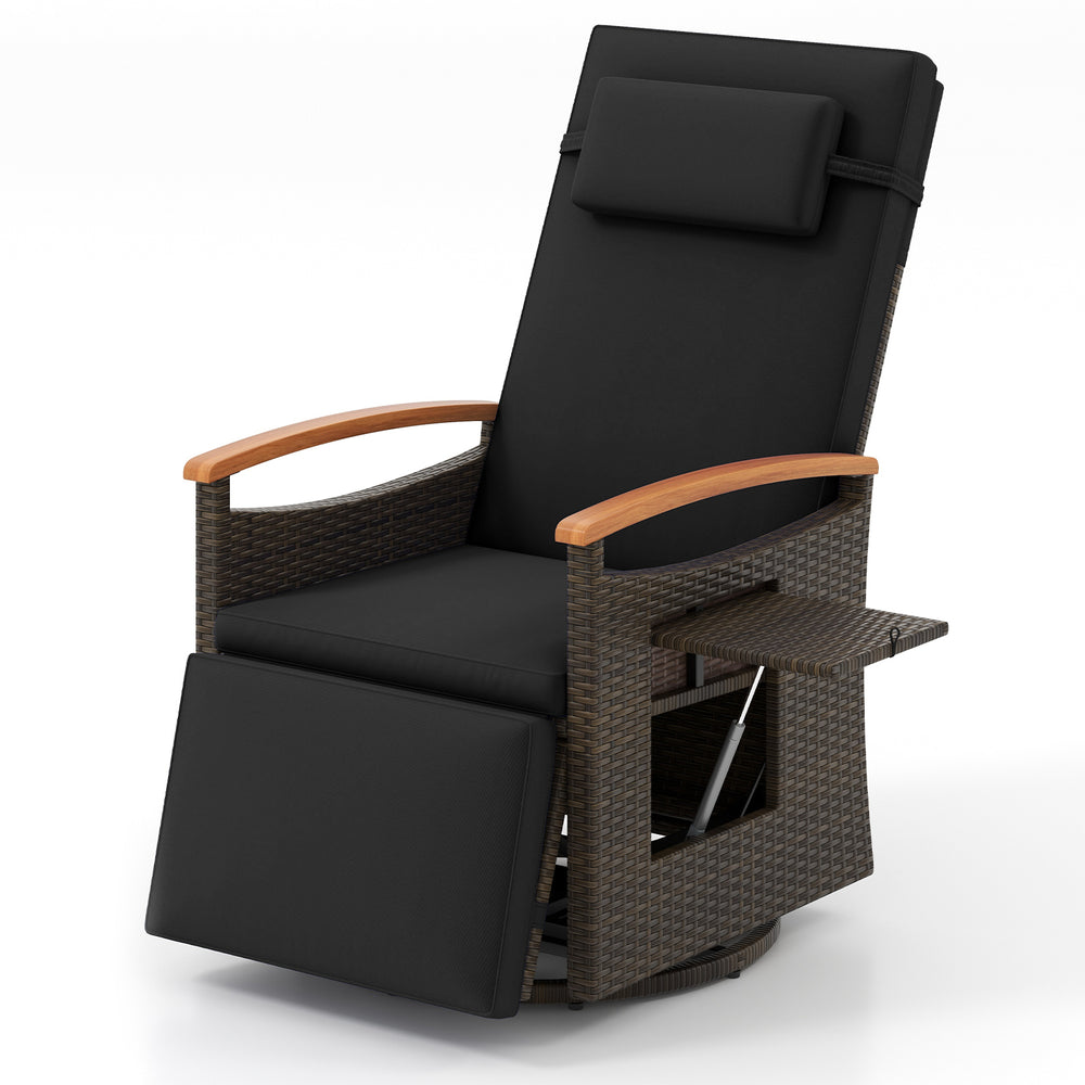 Close-up of the black cushion and wood armrests on the Patio Rattan 360° swivel recliner chair for outdoor comfort.