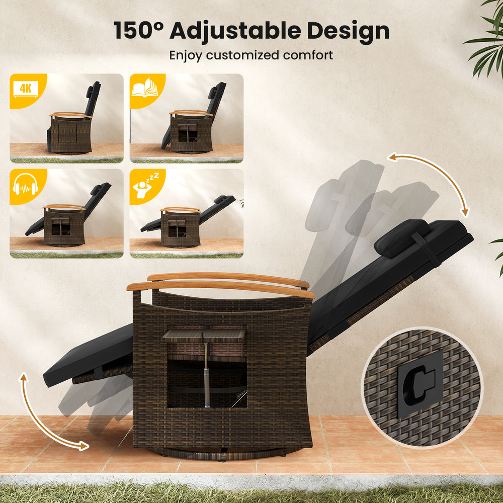 Patio Rattan swivel recliner chair with 150° adjustable backrest and soft cushion, perfect for backyard relaxation.