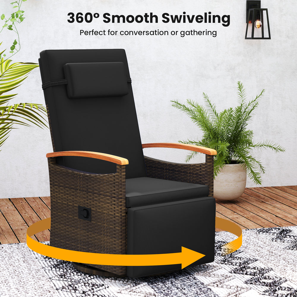Patio rattan 360° swivel recliner chair with adjustable backrest and footrest, perfect for backyard relaxation.