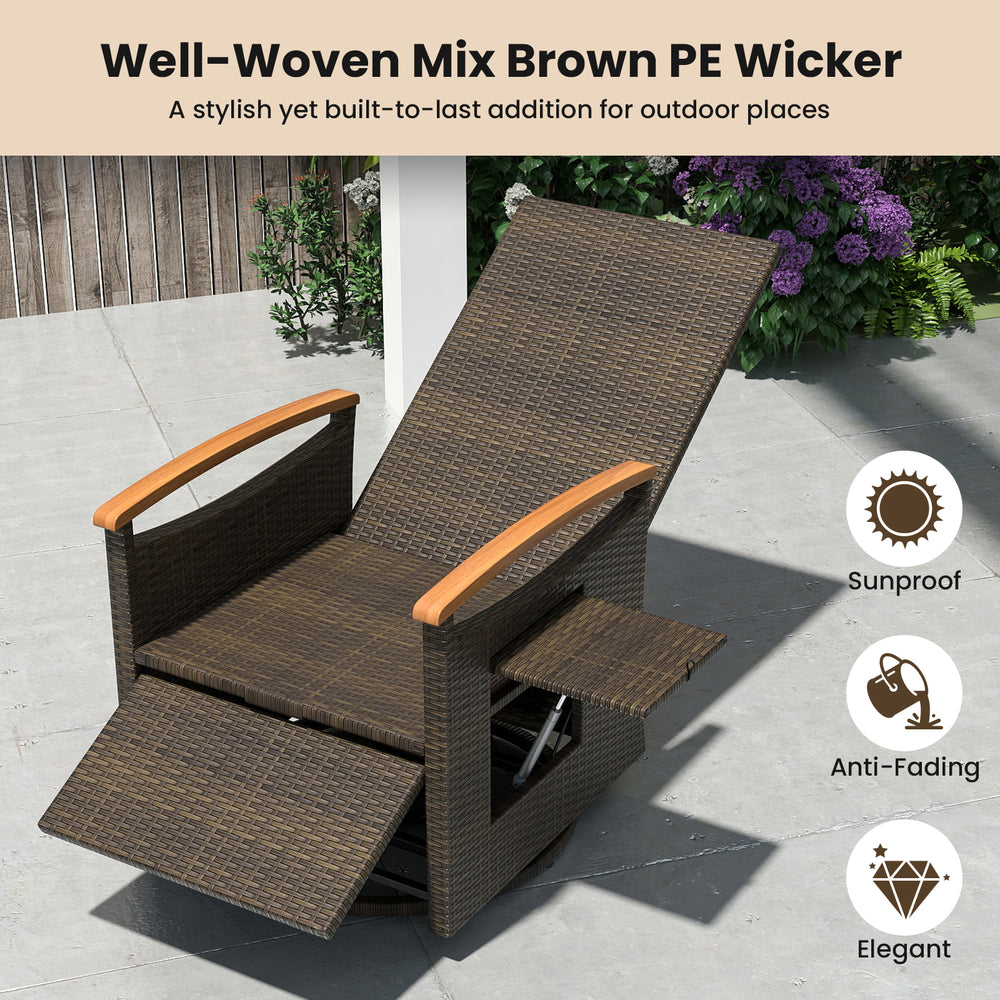 Patio Rattan 360° swivel recliner chair in mix brown PE wicker with adjustable backrest and foldable side table for.