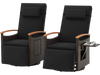Set of 2 black patio rattan swivel recliner chairs with adjustable backrests and foldable side table for outdoor.