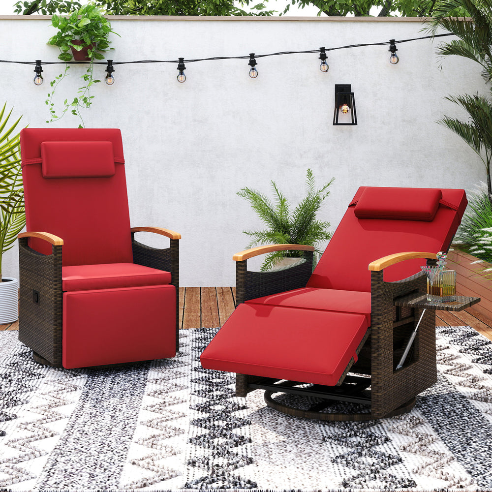 Set of 2 Patio Rattan 360° Swivel Recliner Chair with Adjustable Backrest and Footrest-Red - Gallery View 1 of 9