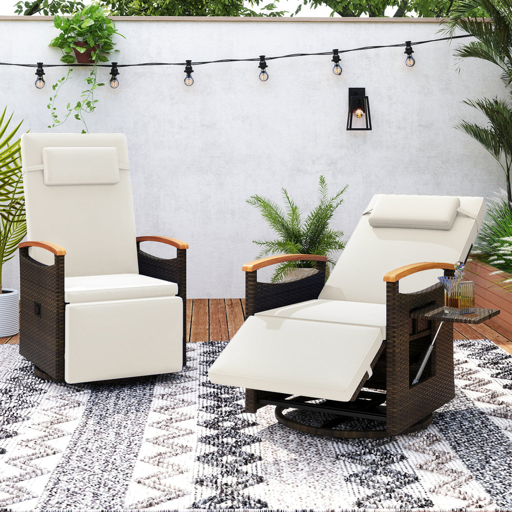 Set of 2 Patio Rattan 360° Swivel Recliner Chair with Adjustable Backrest and Footrest-White - Gallery View 1 of 9