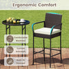Bar height patio rattan table and chair set with cushions, featuring curved armrests and ergonomic backrest for comfort.