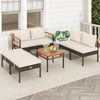 Patio rattan chairs with ottomans and side table in white, featuring soft cushions and solid acacia wood for outdoor.