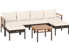Patio rattan sectional sofa with ottomans and acacia wood side table, featuring white cushions for outdoor relaxation.