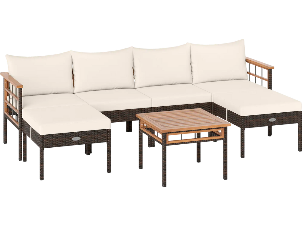 Patio rattan sectional sofa with ottomans and acacia wood side table, featuring white cushions for outdoor relaxation.