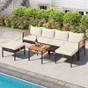 Patio rattan sofa set with white cushions, acacia wood accents, and a coffee table, perfect for poolside relaxation.