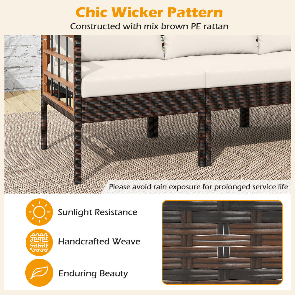 Patio rattan chair with soft cushions, crafted from PE rattan and acacia wood, ideal for backyard relaxation.