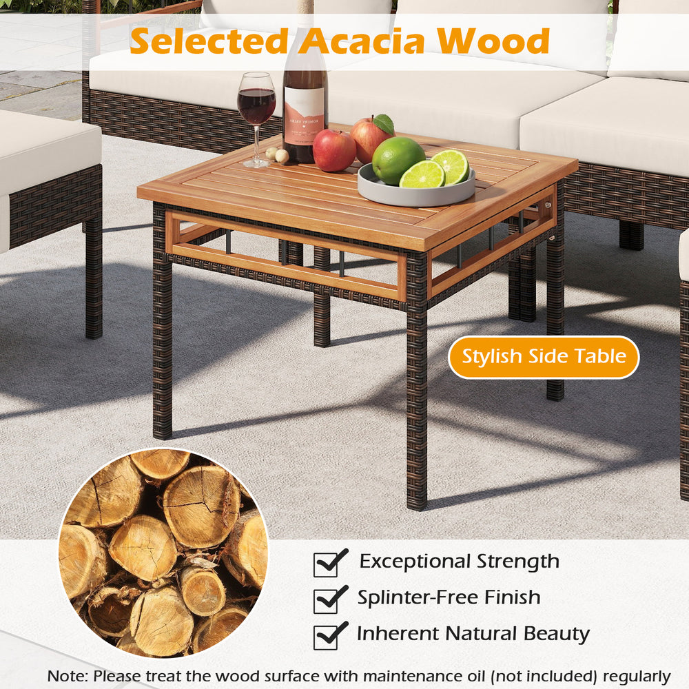 Stylish side table made of selected acacia wood, featuring a smooth surface, ideal for outdoor patio relaxation.