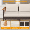 Patio rattan chair with white cushions, featuring zippered covers and solid acacia wood, perfect for backyard.