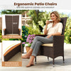 Ergonomic patio chair with high backrest and curved acacia wood armrests, designed for outdoor comfort and relaxation.