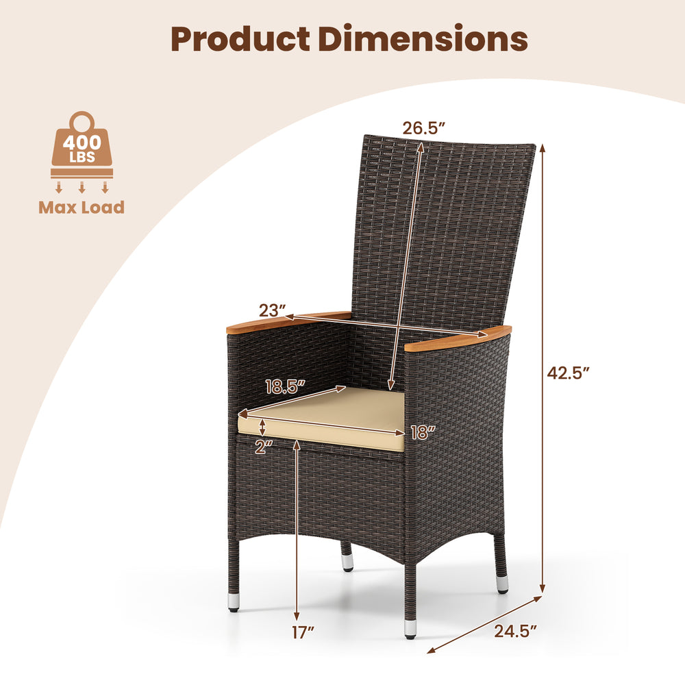 Patio rattan chair dimensions with high backrest, PE rattan, and acacia wood armrests for outdoor dining comfort.